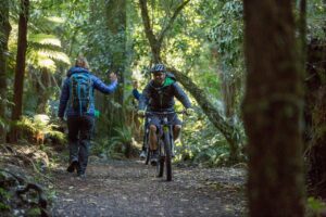 Cyclists waving to a hiker as they pass on the Ohakune Old CoaCh Road trail